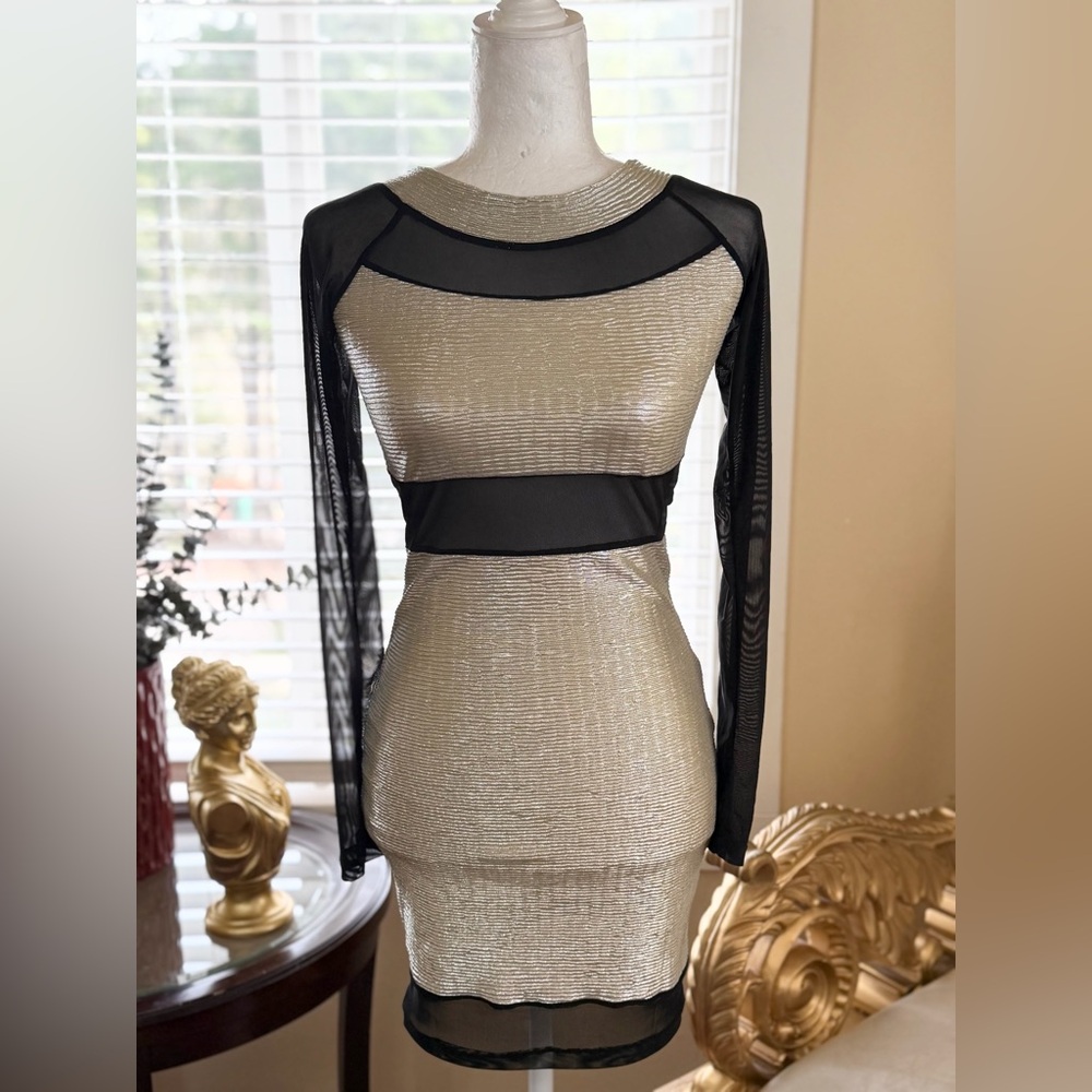 BLVD Metallic Gold Bodycon Dress with Black Mesh Insets